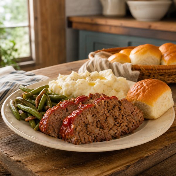 Meatloaf supper with mashed potatoes and green beans